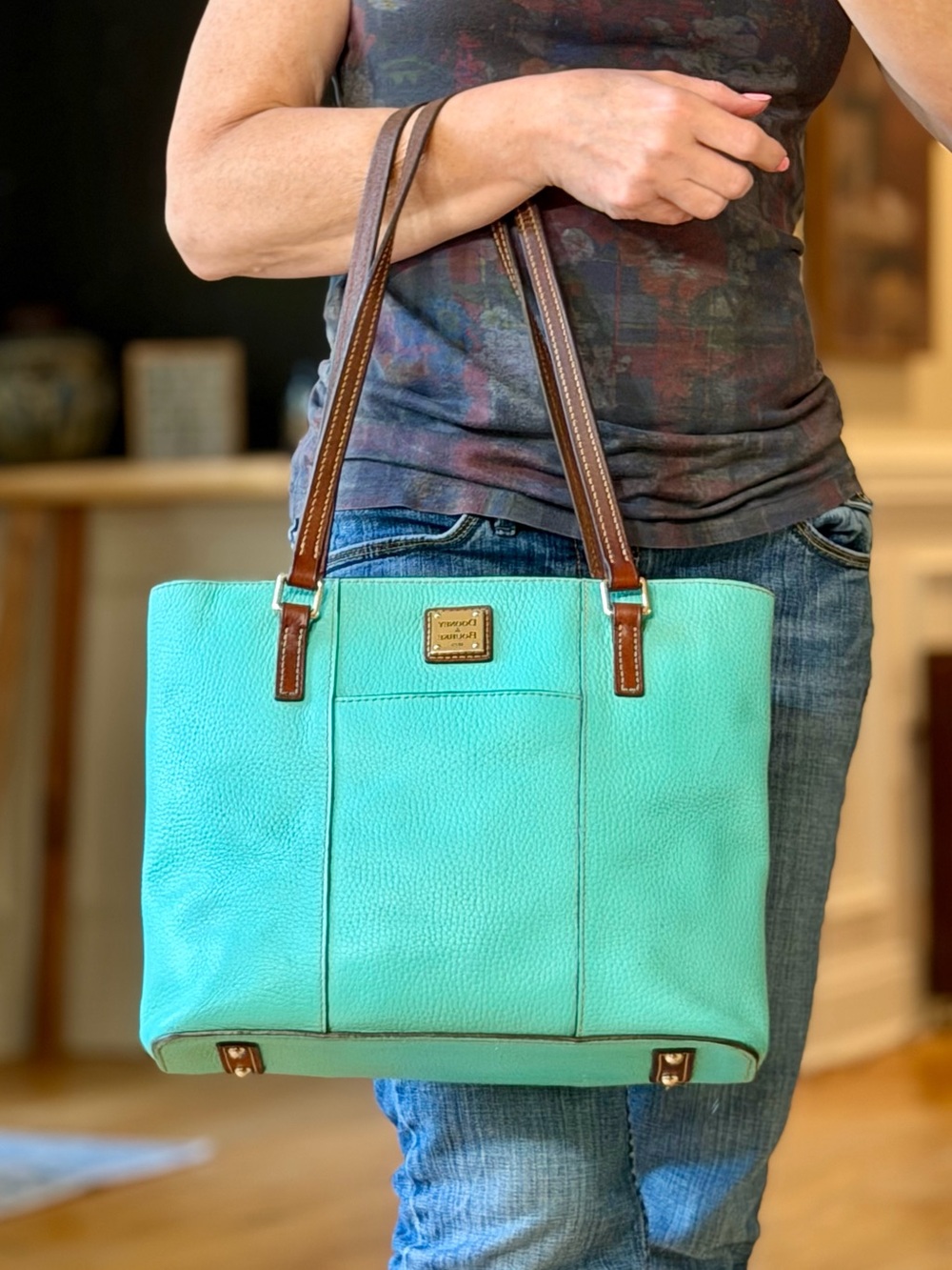 Dooney & Bourke Nautical Small Lexington Tote Aqua Pebble Leather GUC